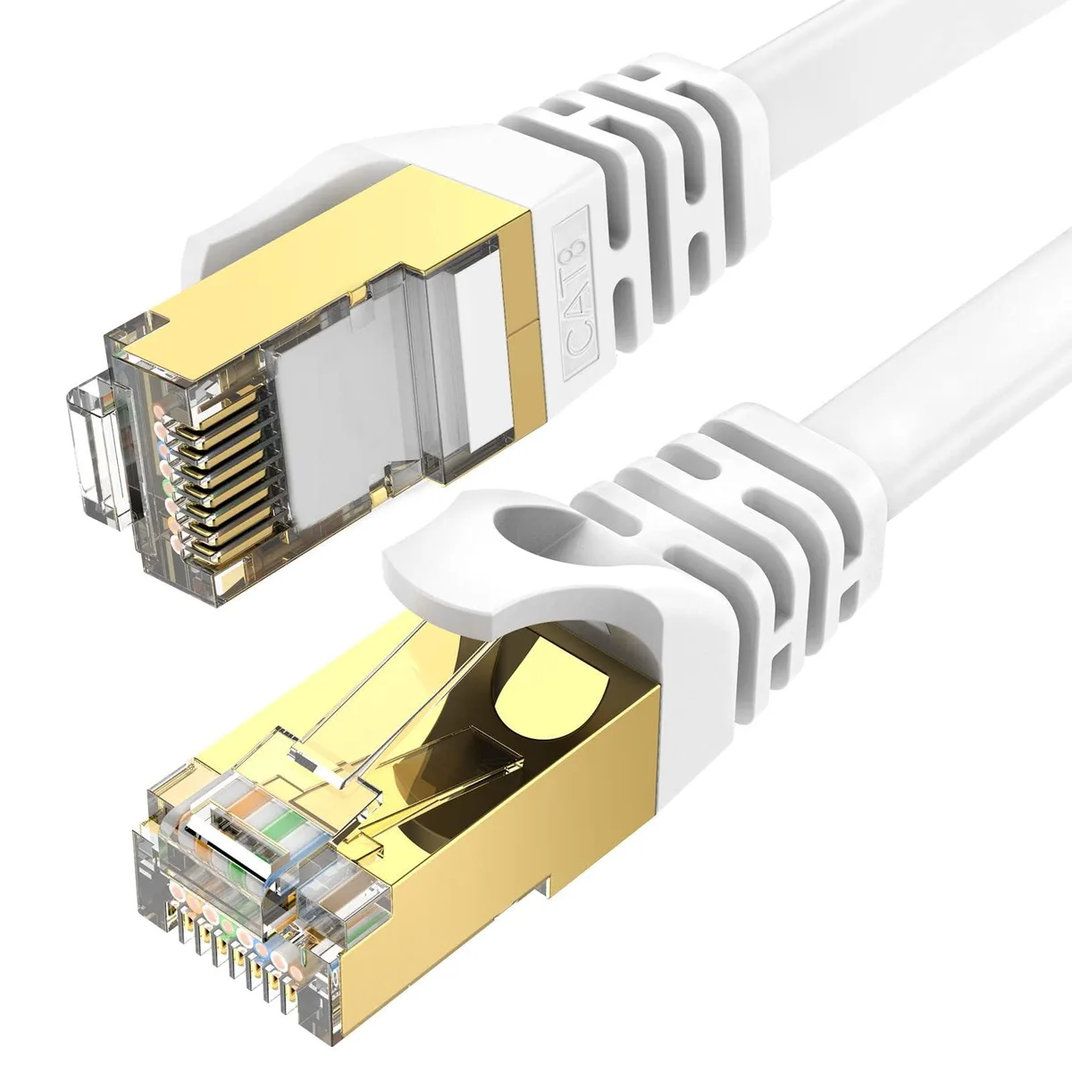 White flat Cat8 Ethernet cable with gold RJ45 connectors