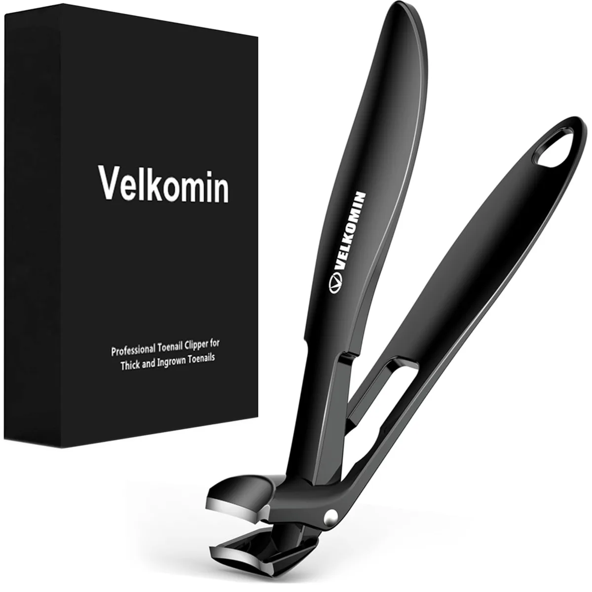 Blue stainless steel curved nail trimmer with long angled handle and catcher