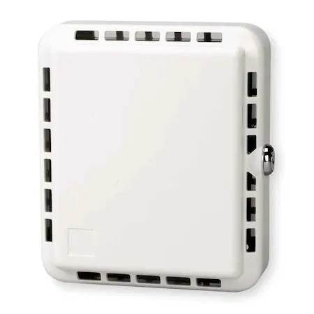 Off-white plastic thermostat guard with snap-on cover and ring base