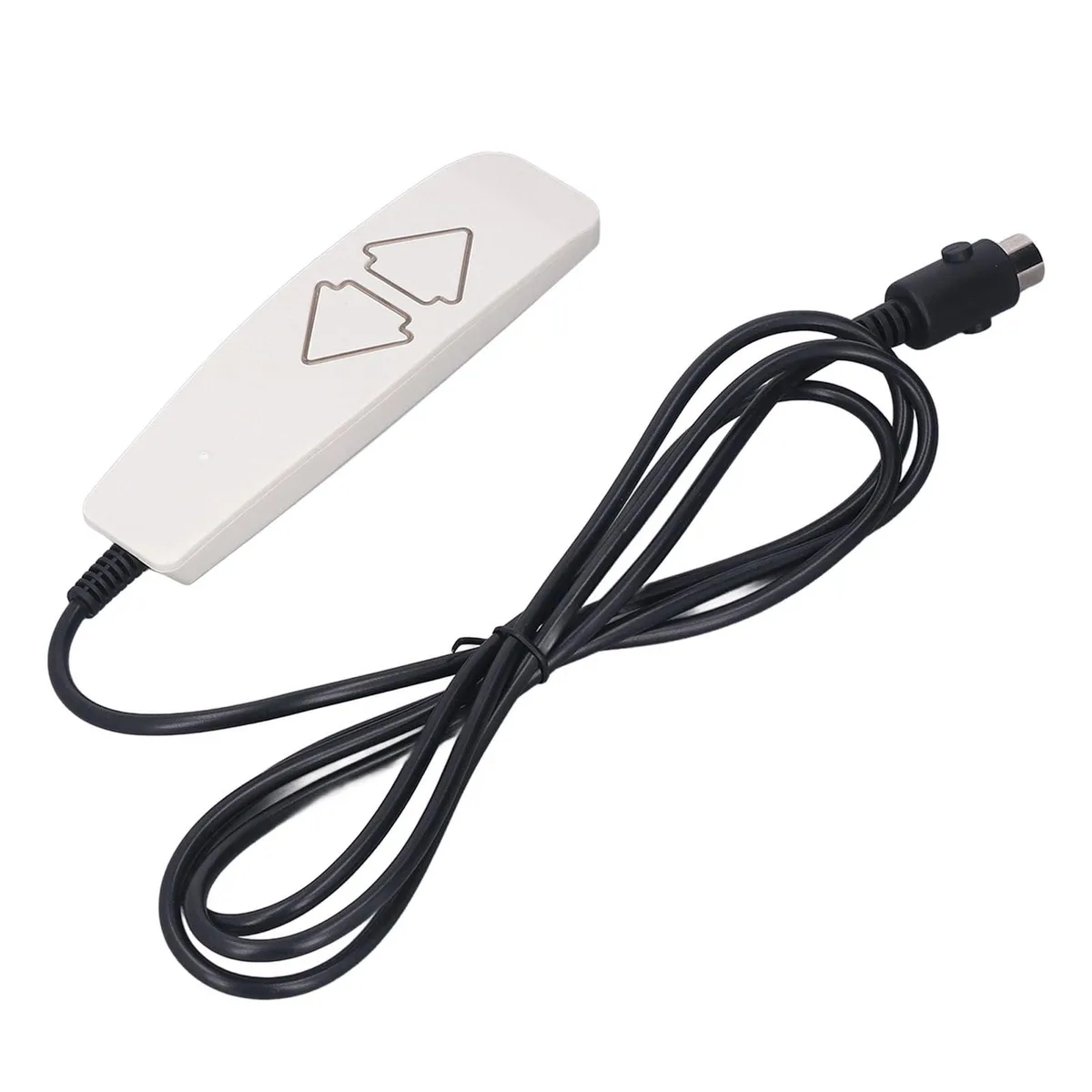 White ABS lift chair remote with two buttons and a 5-pin round plug, coiled cable attached