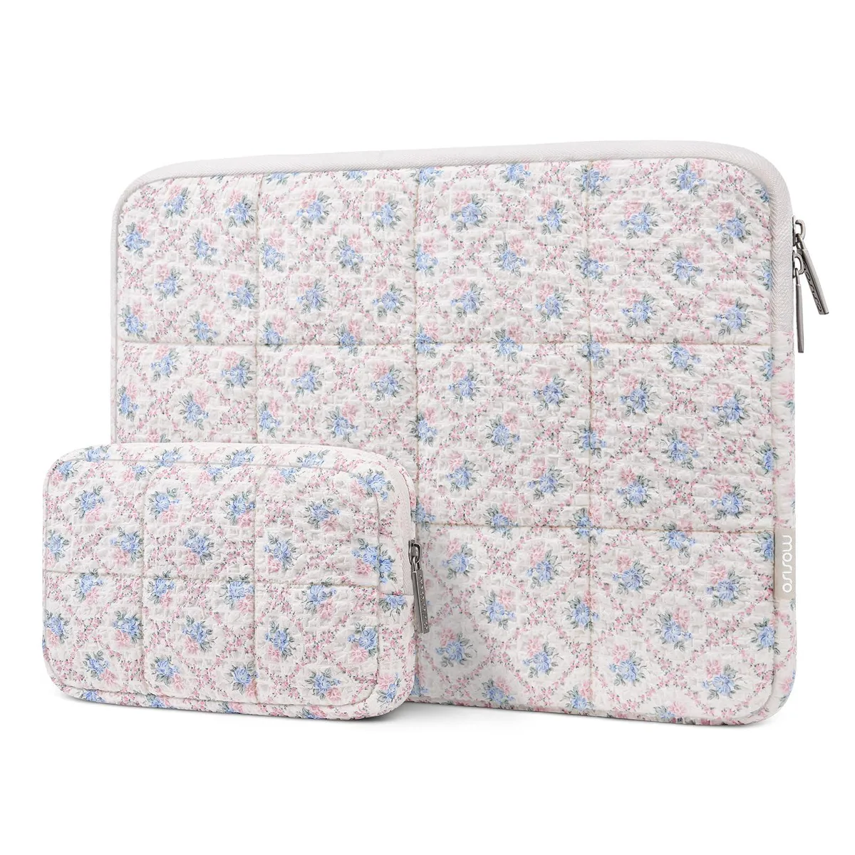 Floral grid quilted laptop sleeve with top zipper and matching small pouch