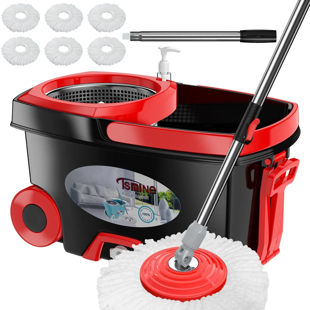 Black spin mop and bucket set with four wheels and adjustable handle