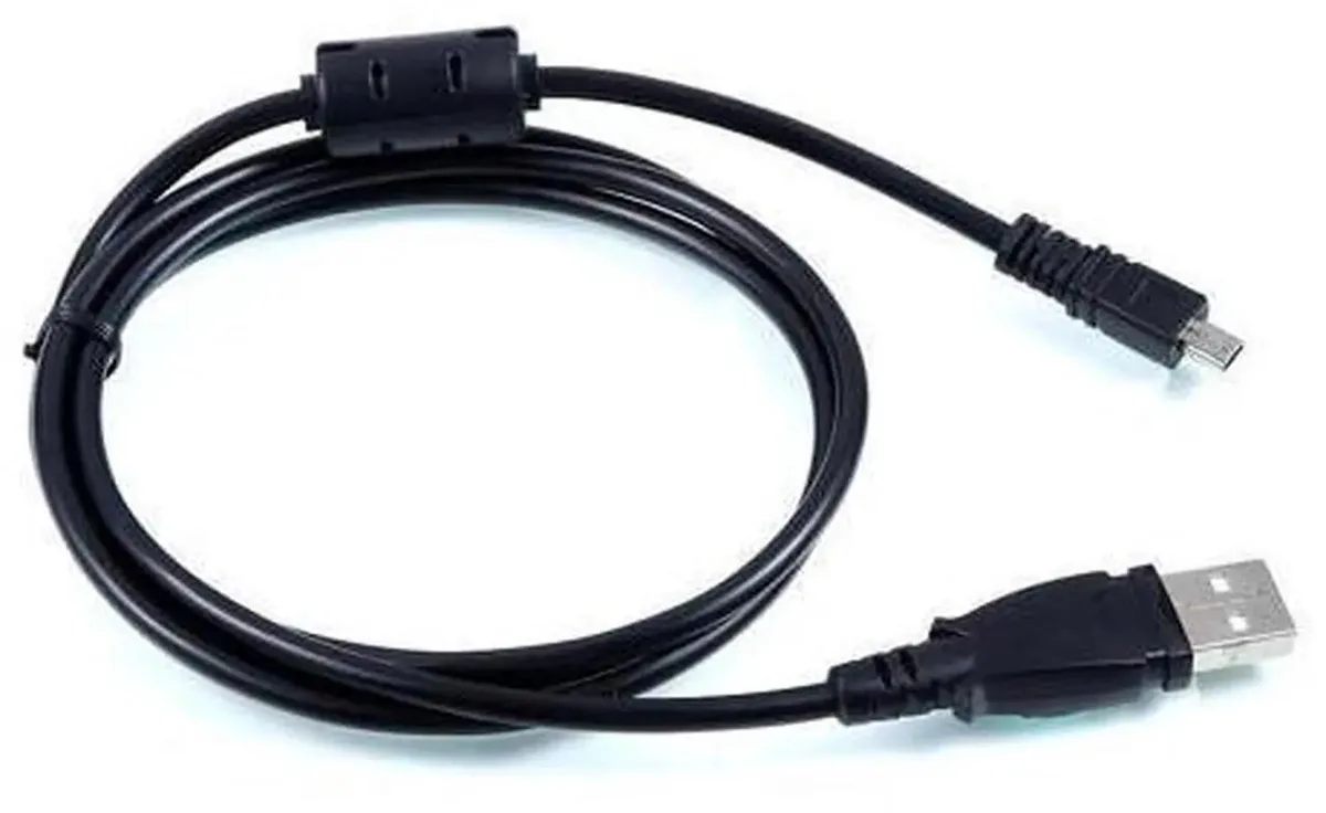 Black USB 2.0 cable with 8-pin and standard USB-A connectors, ferrite core, PVC jacket