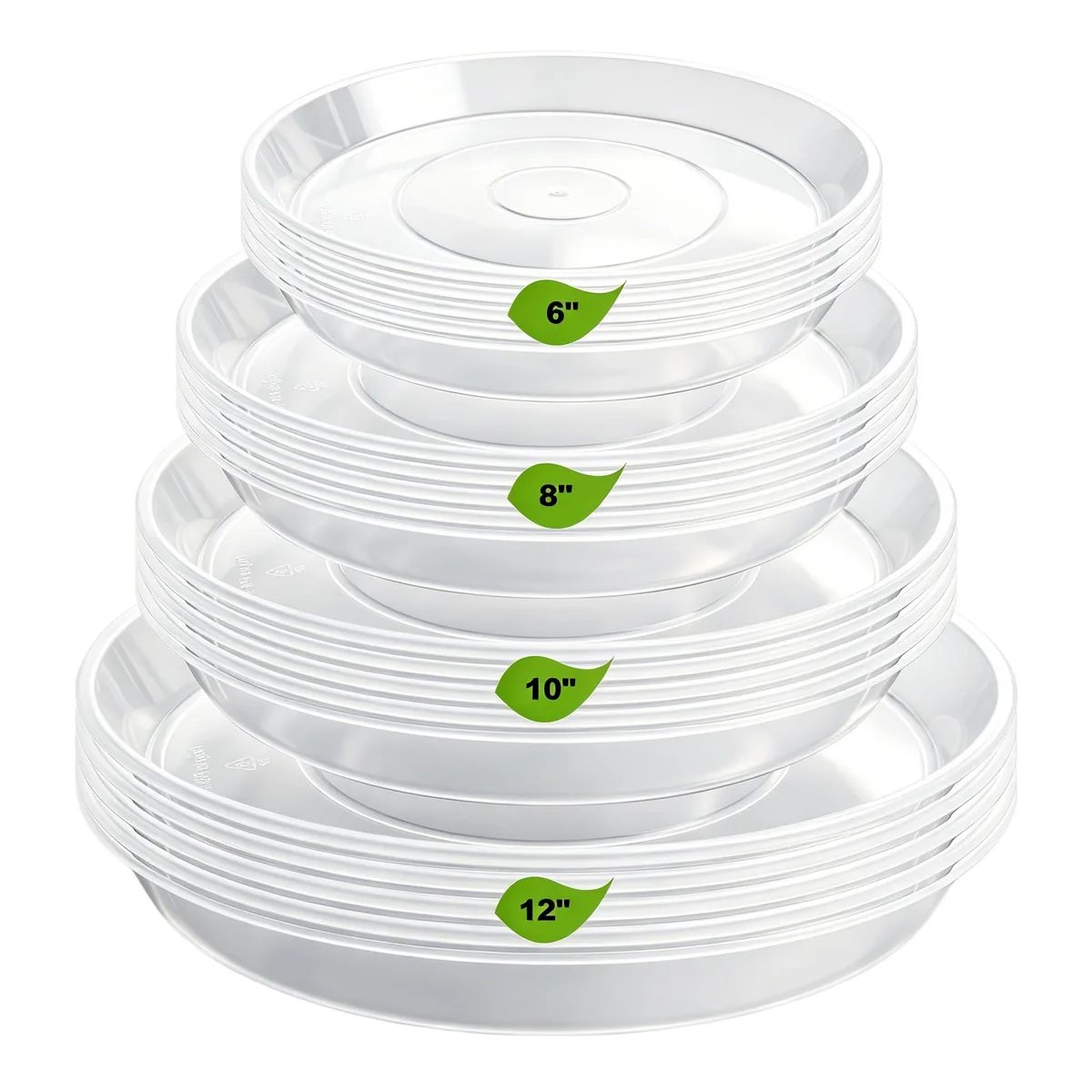 Twenty clear round plastic plant saucers in four sizes from six to twelve inches