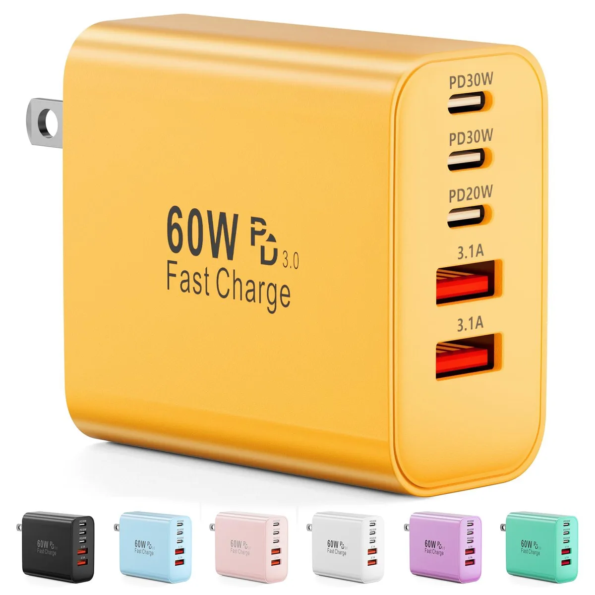  Karhood XHD-PD60W3C2A 60W 5-Port USB-C Charger Yellow — product photo