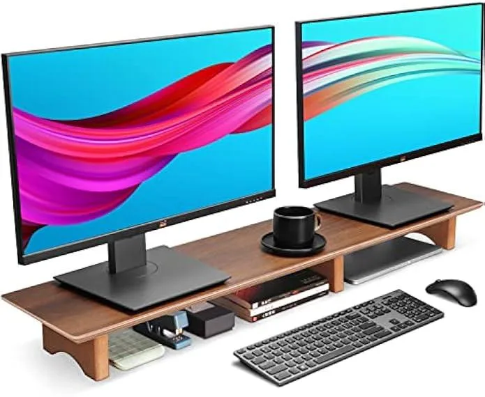 TAURKENAM TAURKENAM Large Dual Monitor Stand Riser Solid Wood Desk Shelf Eco Cork Legs Office Equipment — product photo