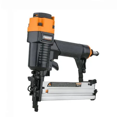 Canvas bag holding five pneumatic nailers and staplers in silver and black finish
