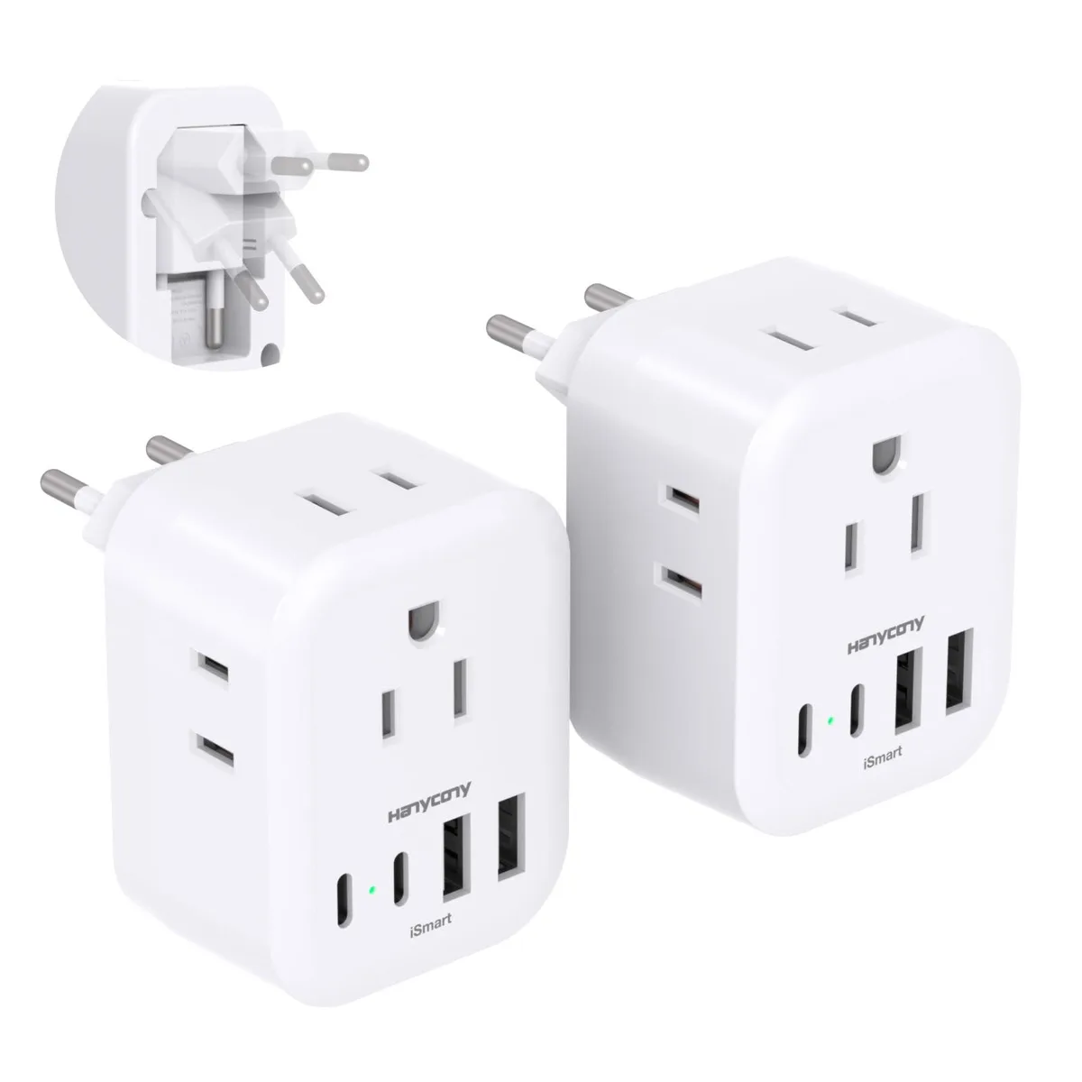 Two white foldable travel plug adapters with multiple outlets and USB ports