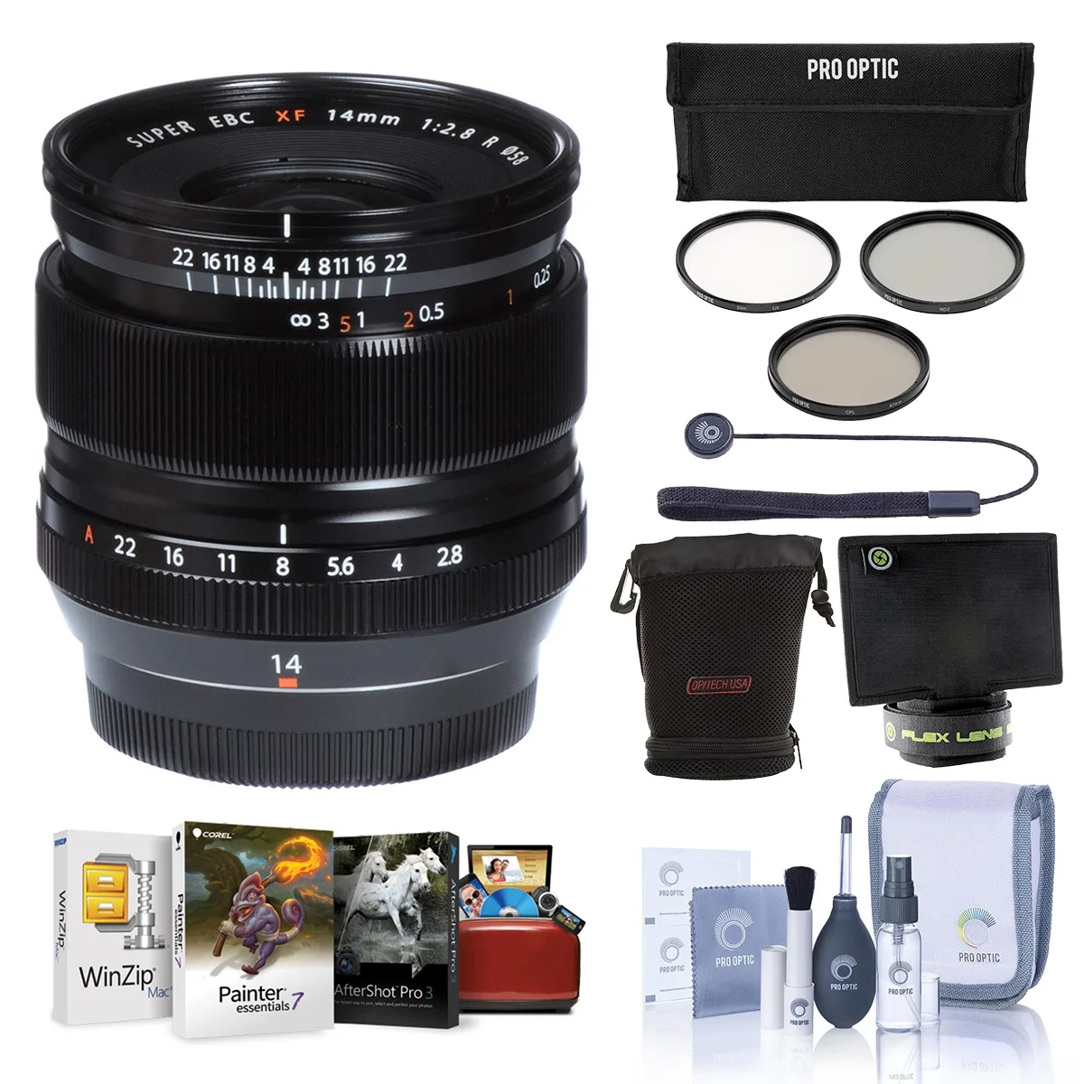 FUJIFILM FUJIFILM XF 14mm f/2.8 R camera lens bundle with Flex Shade 58mm filter kit case cleaning — product photo