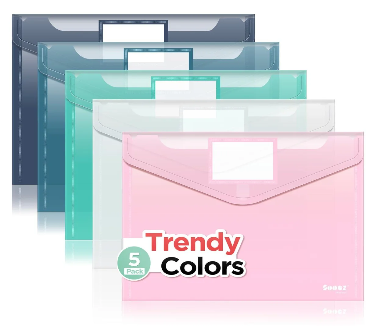 Sooez 5 Pack Plastic File Folders A4 200 Sheet .1 Inch Pink Blue Green — product photo