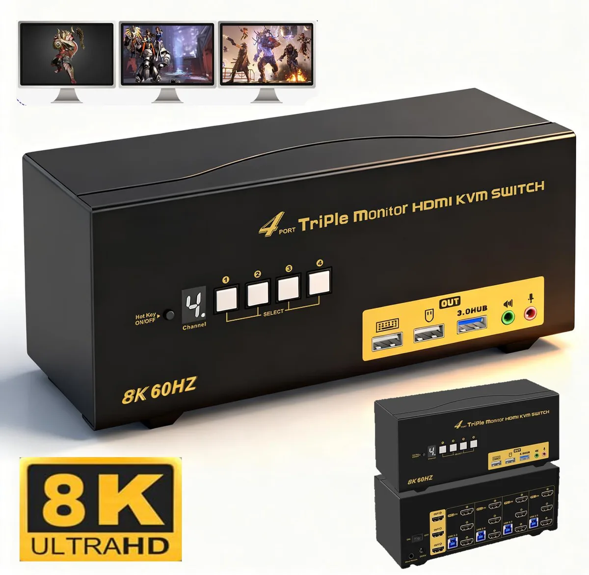 Hitoor Hitoor HDMI 2.1 KVM Switch 4 Computers 3 Monitors 8K@60Hz 4K@120Hz USB 3.0 — product photo