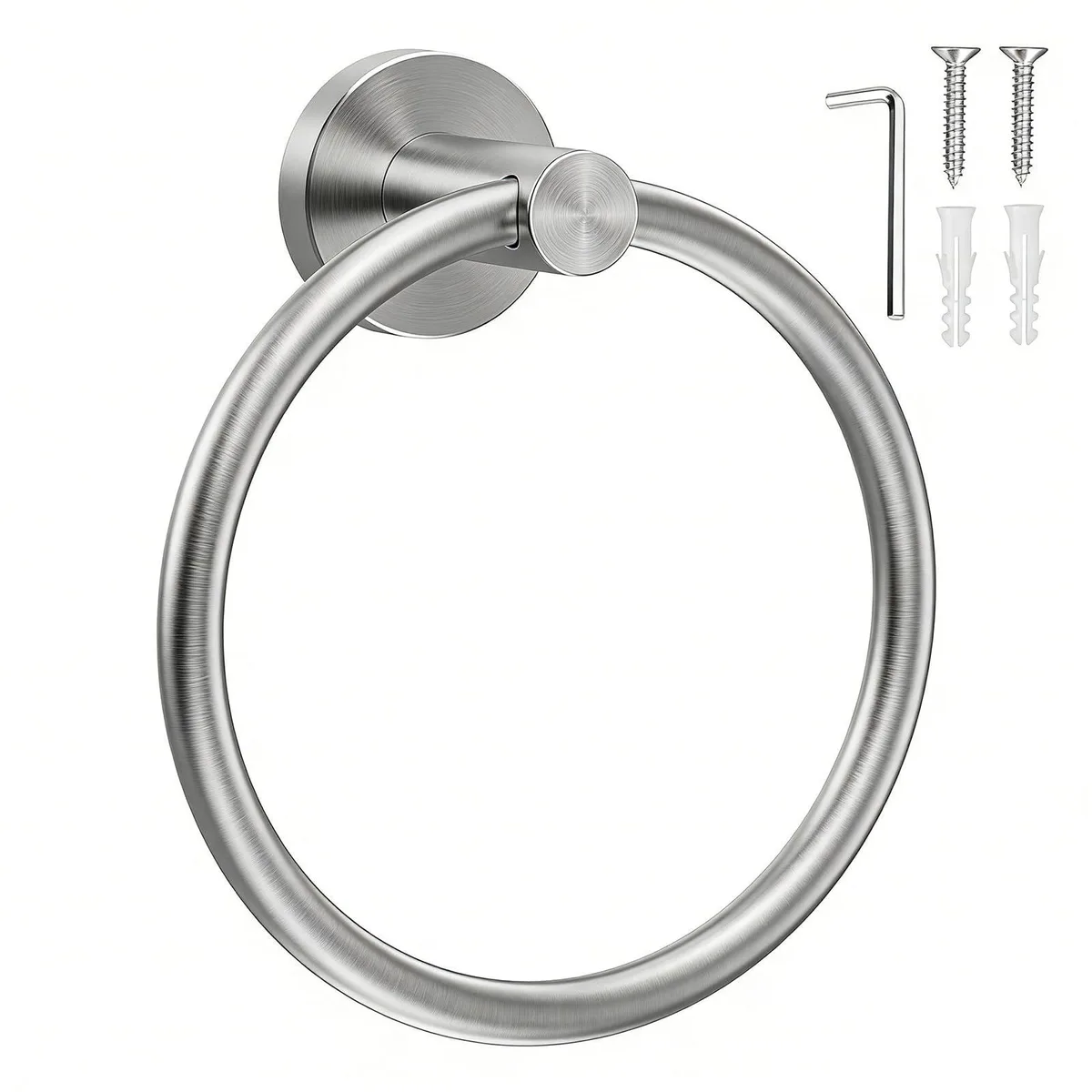 Round brushed-nickel towel ring on a square wall plate, stainless steel drill-hole mount