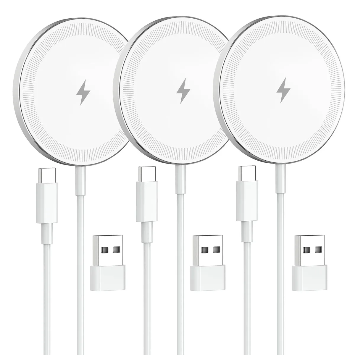 Three slim white magnetic charging pads with rounded corners