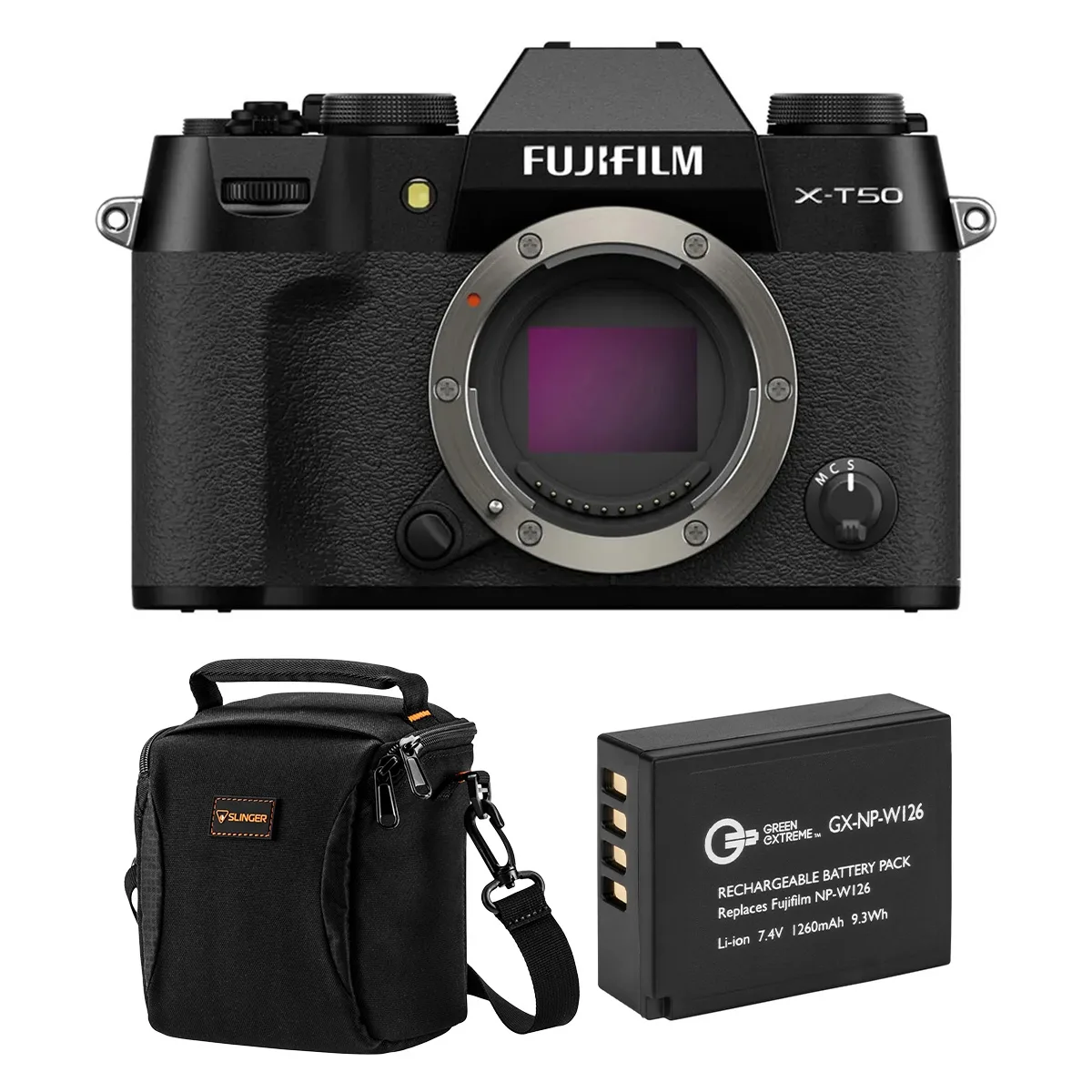 FUJIFILM FUJIFILM X-T50 compact mirrorless camera Black bundle with battery pack and shoulder bag — product photo