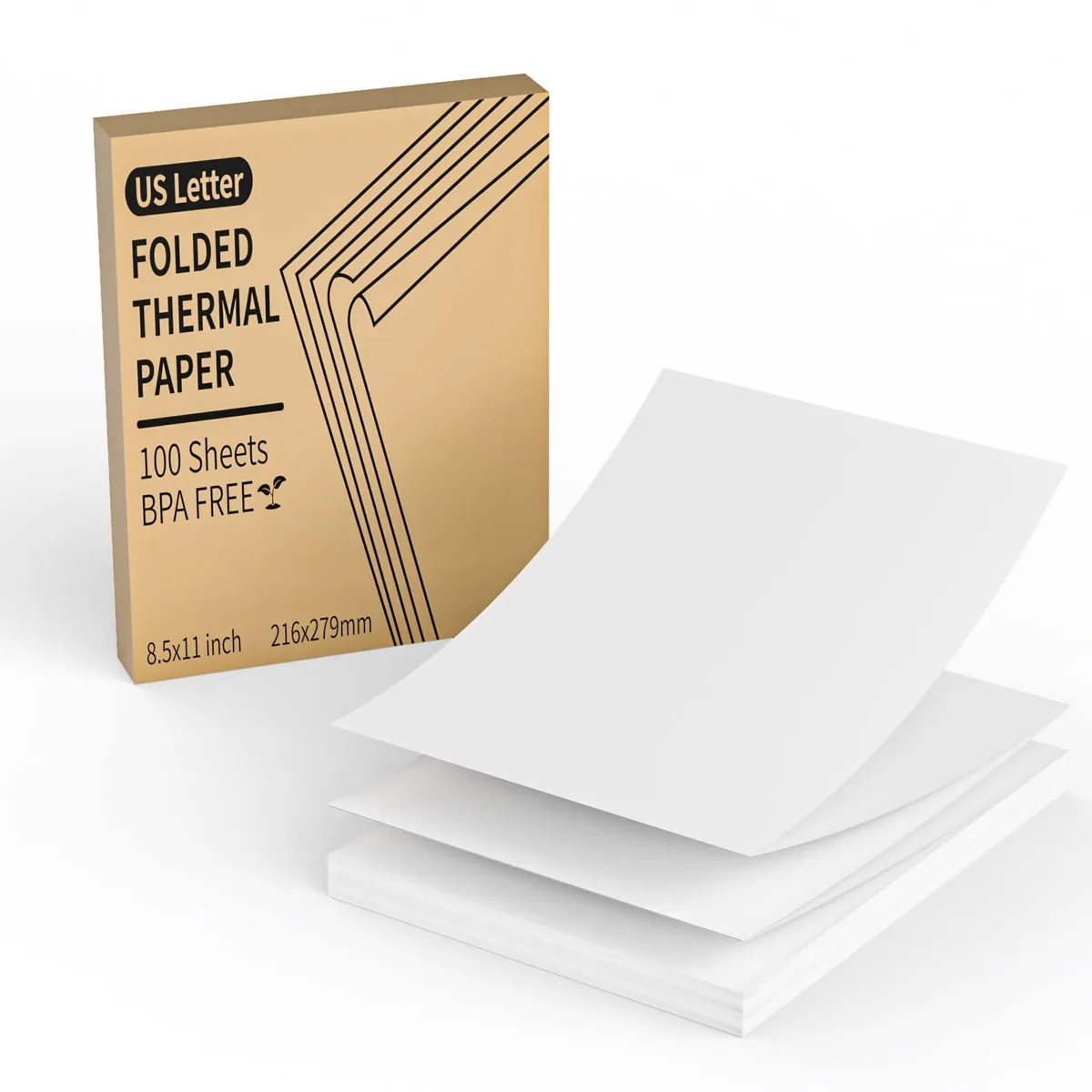 Stack of 100 white matte US Letter thermal sheets, folded with perforated edges