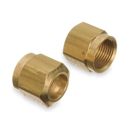 Ten brass compression nuts with hexagonal form factor and smooth metallic finish