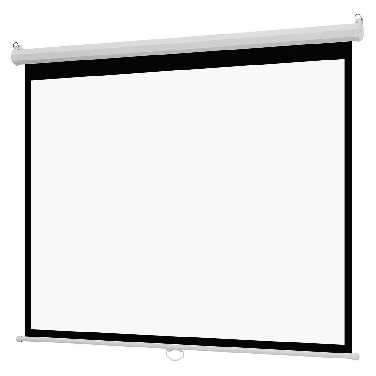 White rectangular pull-down screen in a 61.6 in iron casing with baked paint finish, manual rope control, 72 inch 4:3 projection area