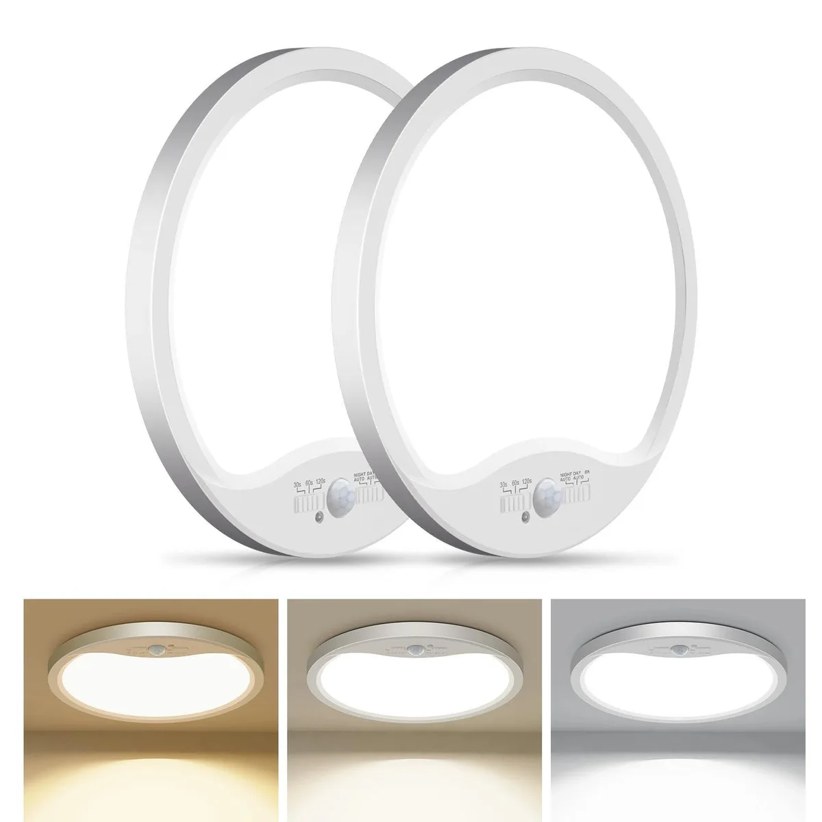 Two round white acrylic flush-mount ceiling lights, 8.7 inches wide, motion sensor front