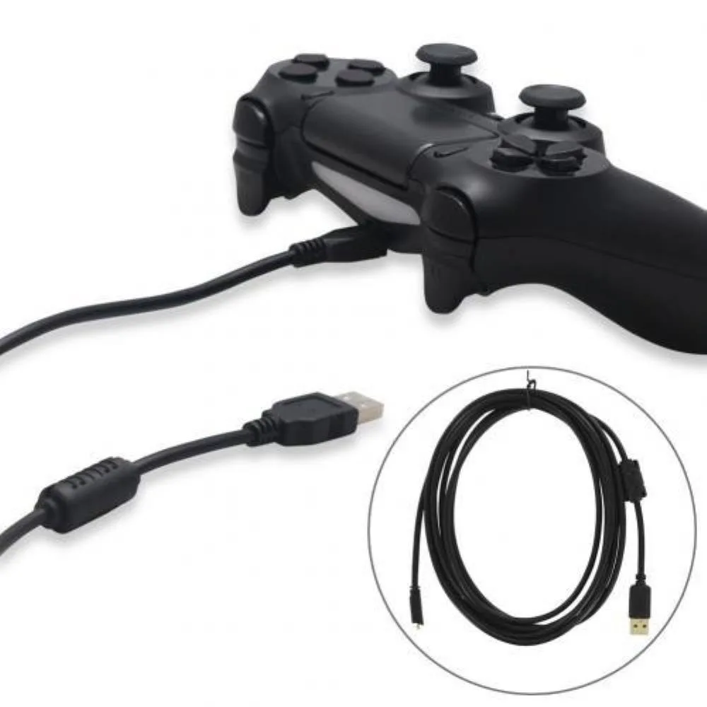 Three-metre micro-USB charge cable for PS4 controllers, black with gold connectors