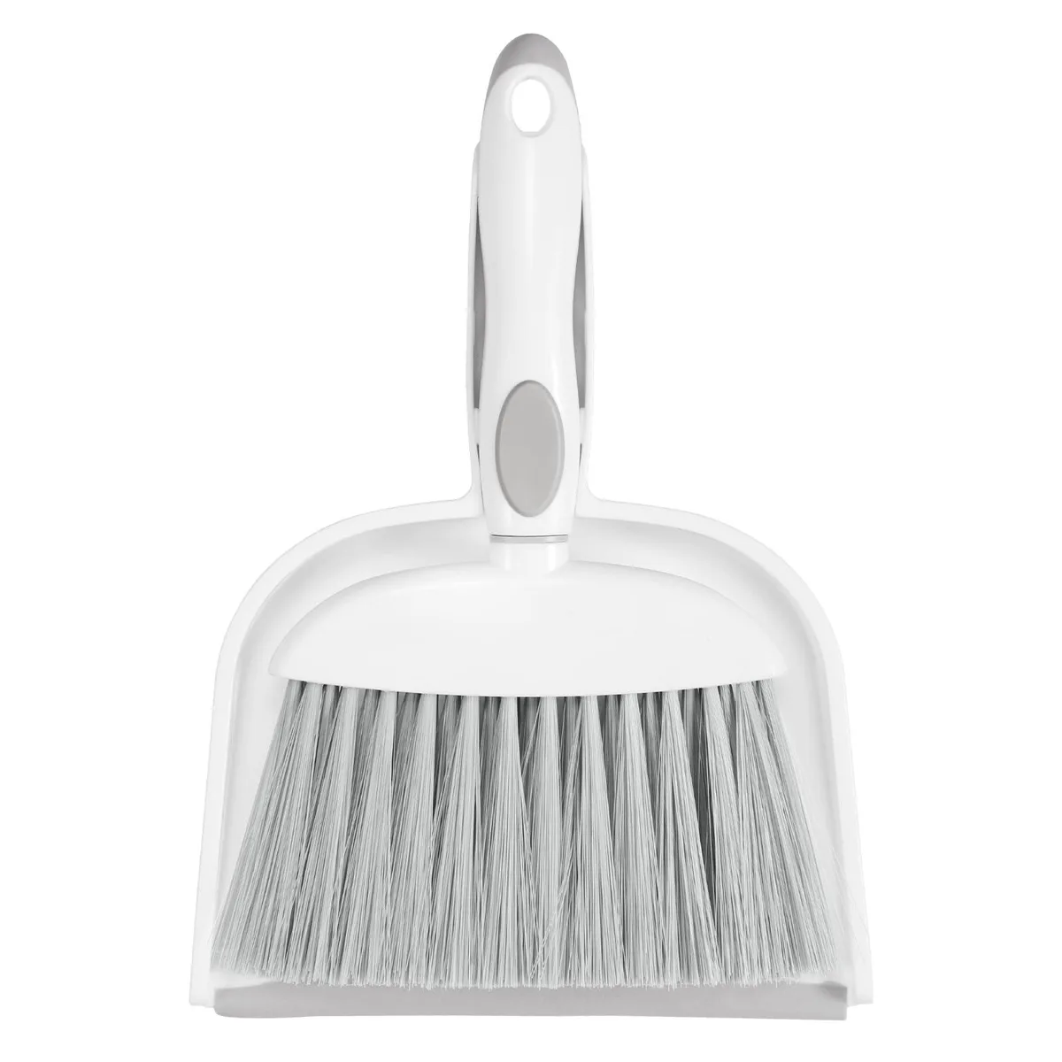 White and gray plastic dustpan with teeth and matching flat-bristle hand broom, both with hanging holes