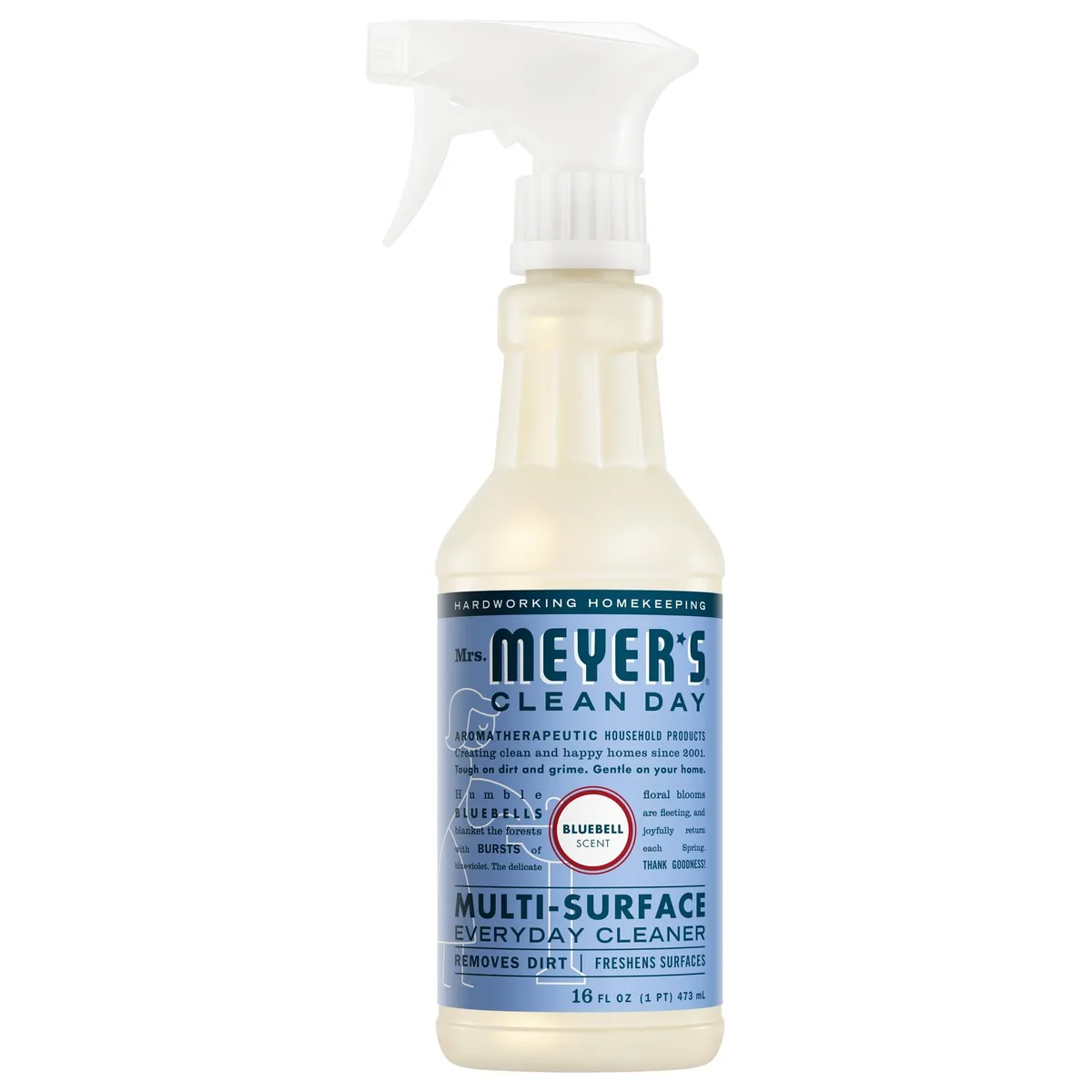 Blue 16 fl oz spray bottle with white liquid and bluebell label