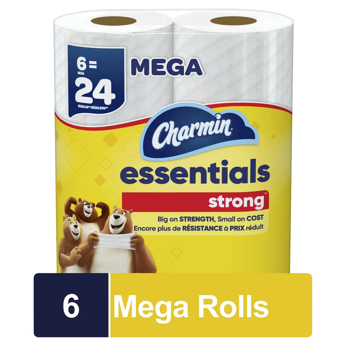 Six white toilet paper mega rolls in plastic packaging