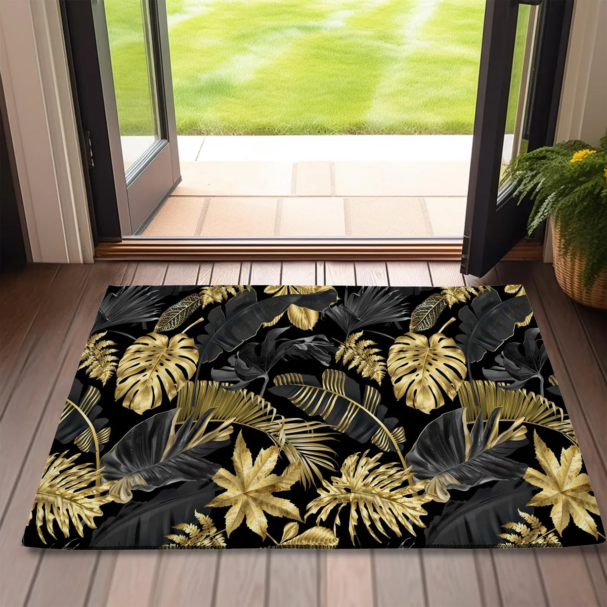 Rectangular bamboo door mat with striped pattern, clear finish, low profile 17 by 30 inches