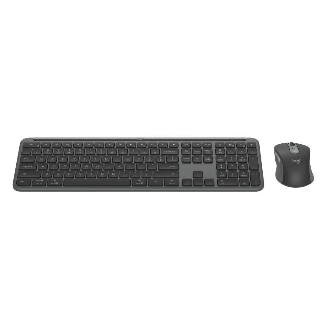Slim black wireless keyboard and contoured optical mouse combo with Logi Bolt receiver