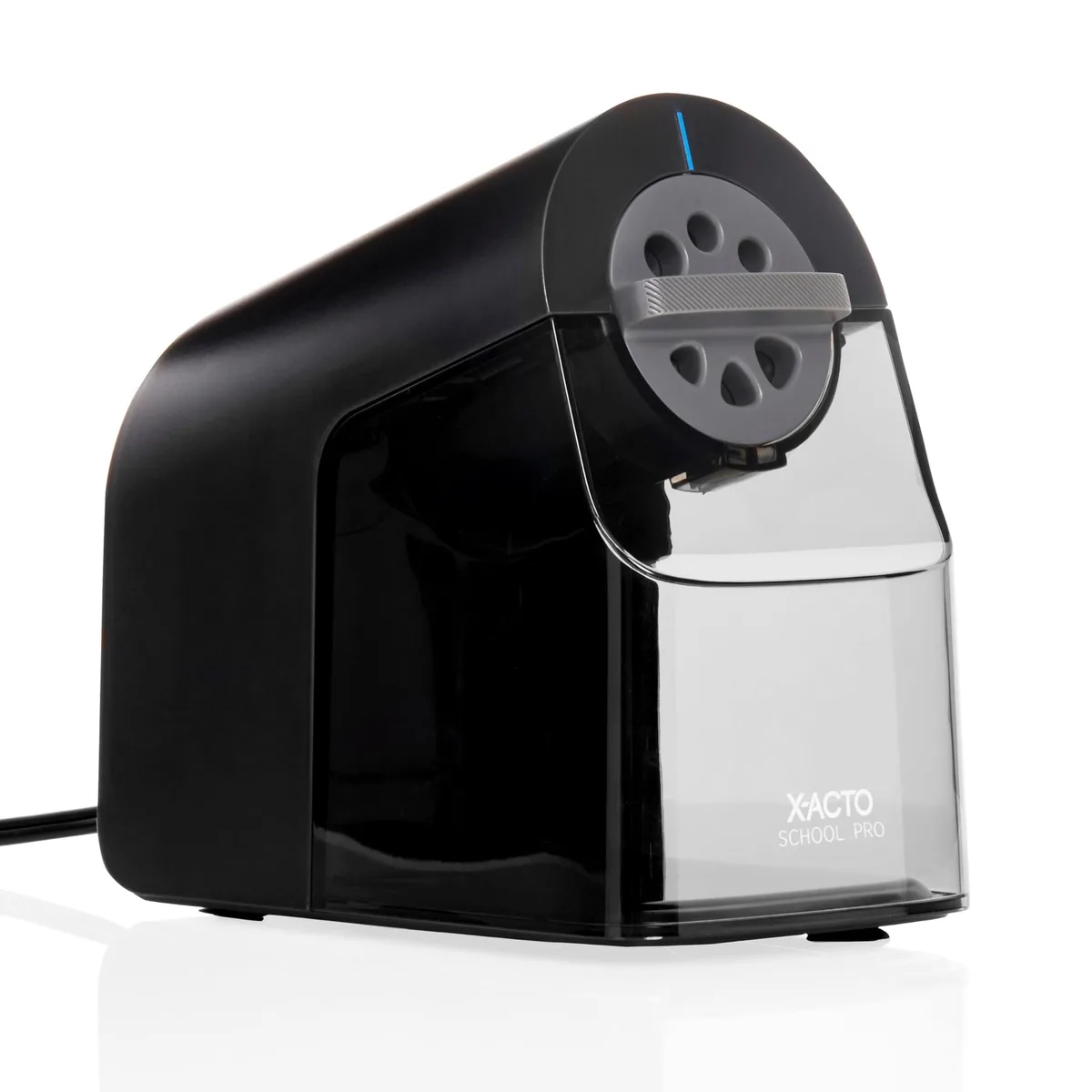 Black electric pencil sharpener with six-size dial and large shavings bin