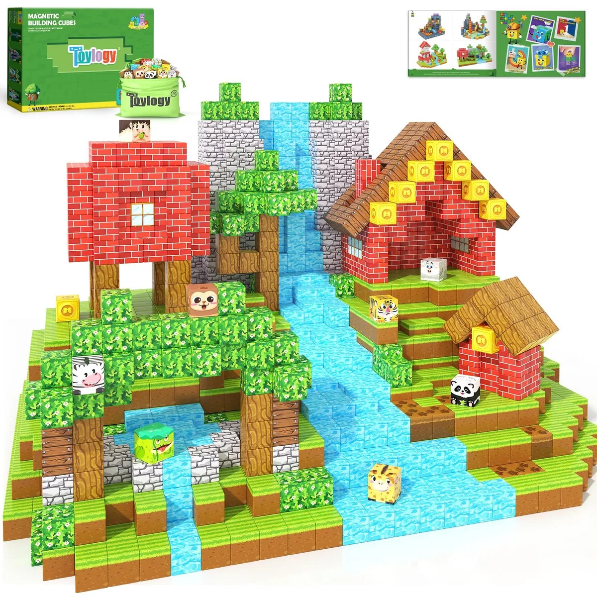 A large set of 150 colourful plastic magnetic tiles with animal and forest designs in a gift box
