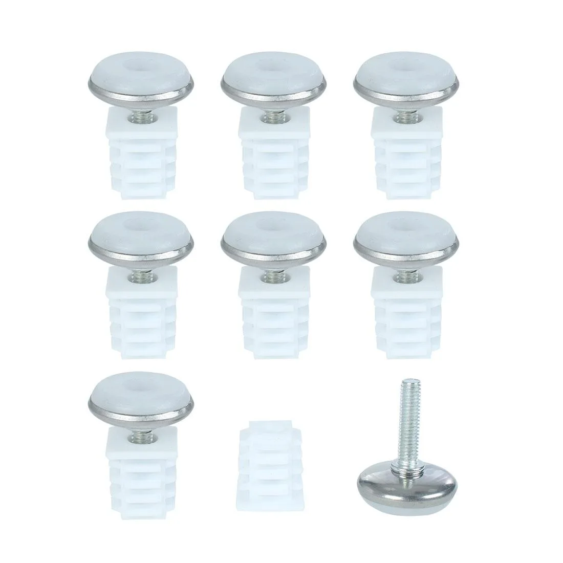 Eight sets of square tube inserts with adjustable threaded feet and plastic bases
