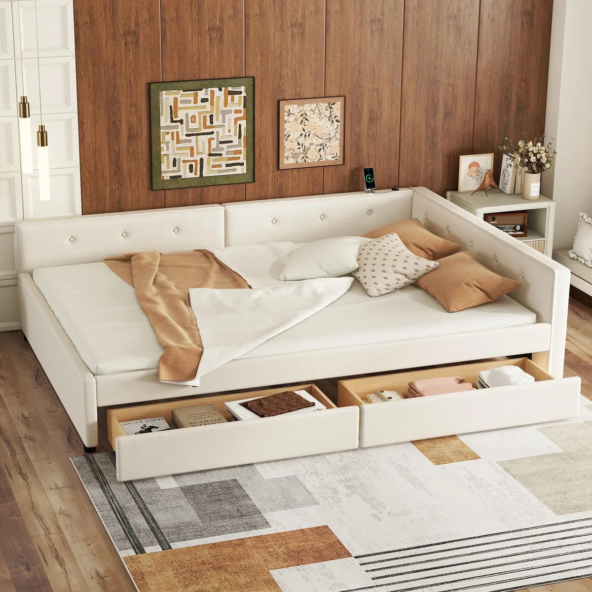 tuphen tuphen Full Size Upholstered Platform Bed with USB and 2 Drawers, Beige — product photo