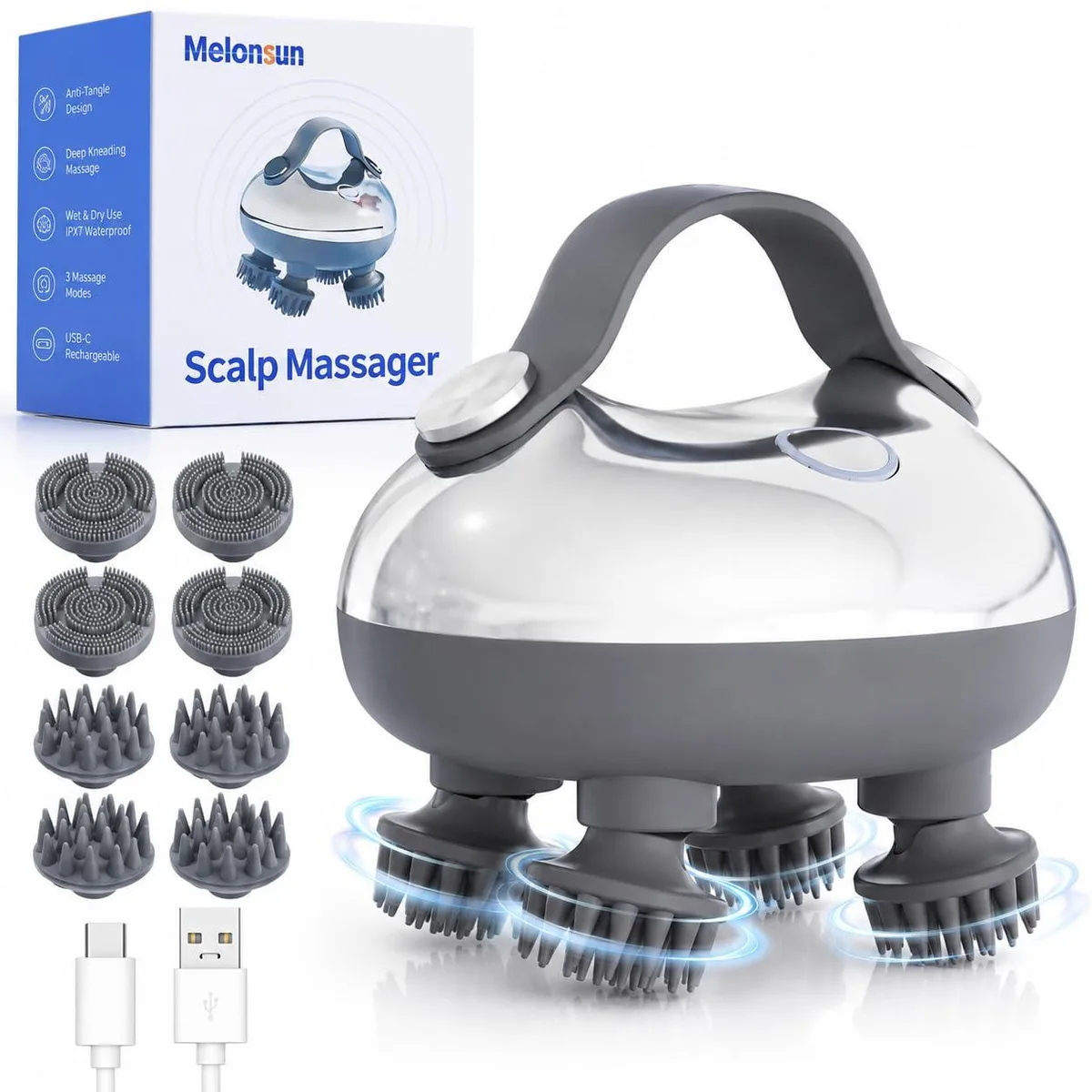 Blue electric scalp massager with metallic finish and silicone claws