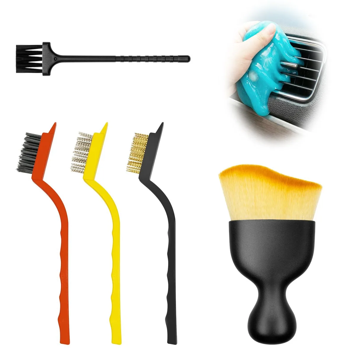 Blue six-piece car interior cleaning kit with brushes, gel and mini brush