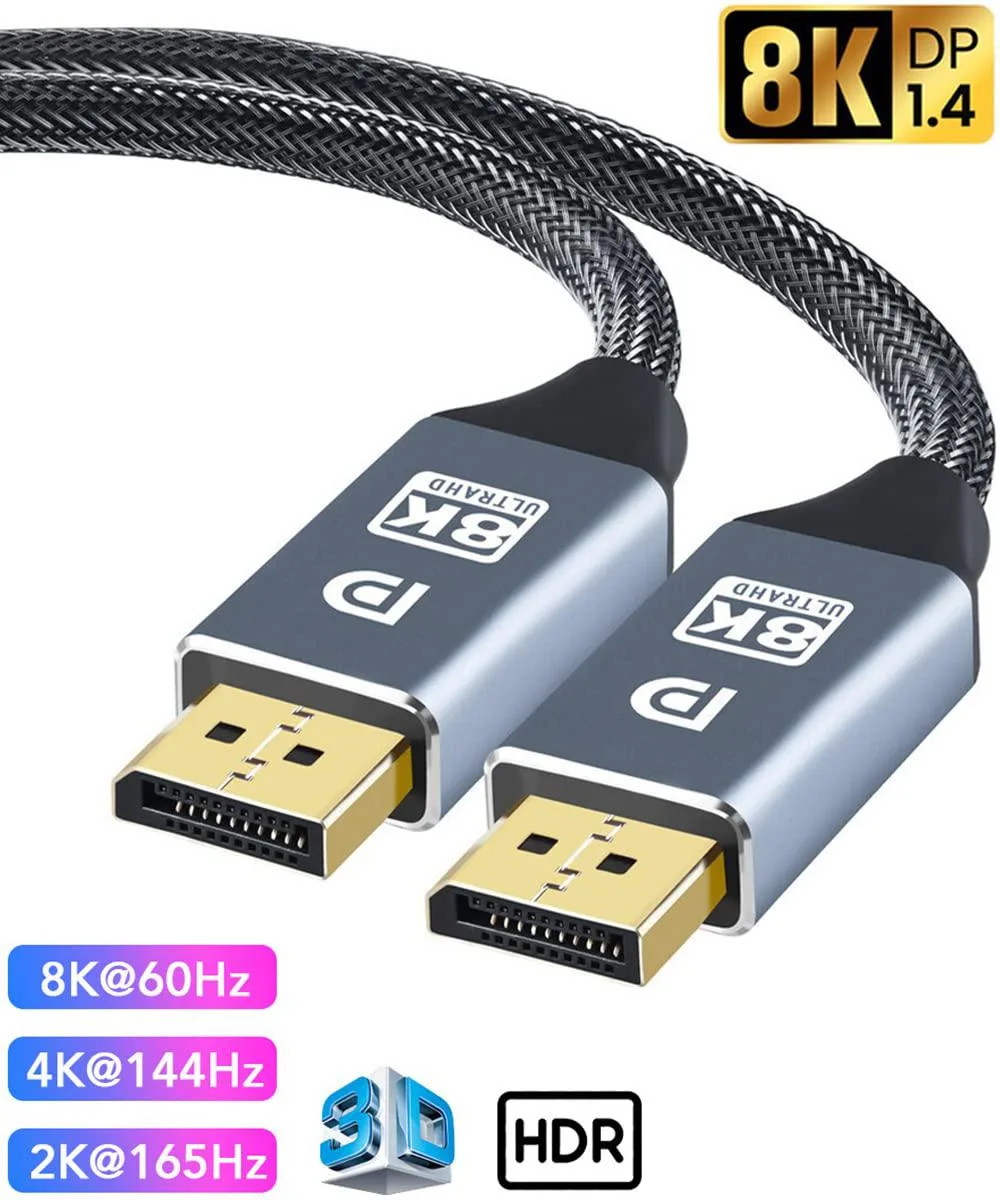 Gray DisplayPort 1.4 cable with braided jacket and gold male connectors, 3.3 ft long