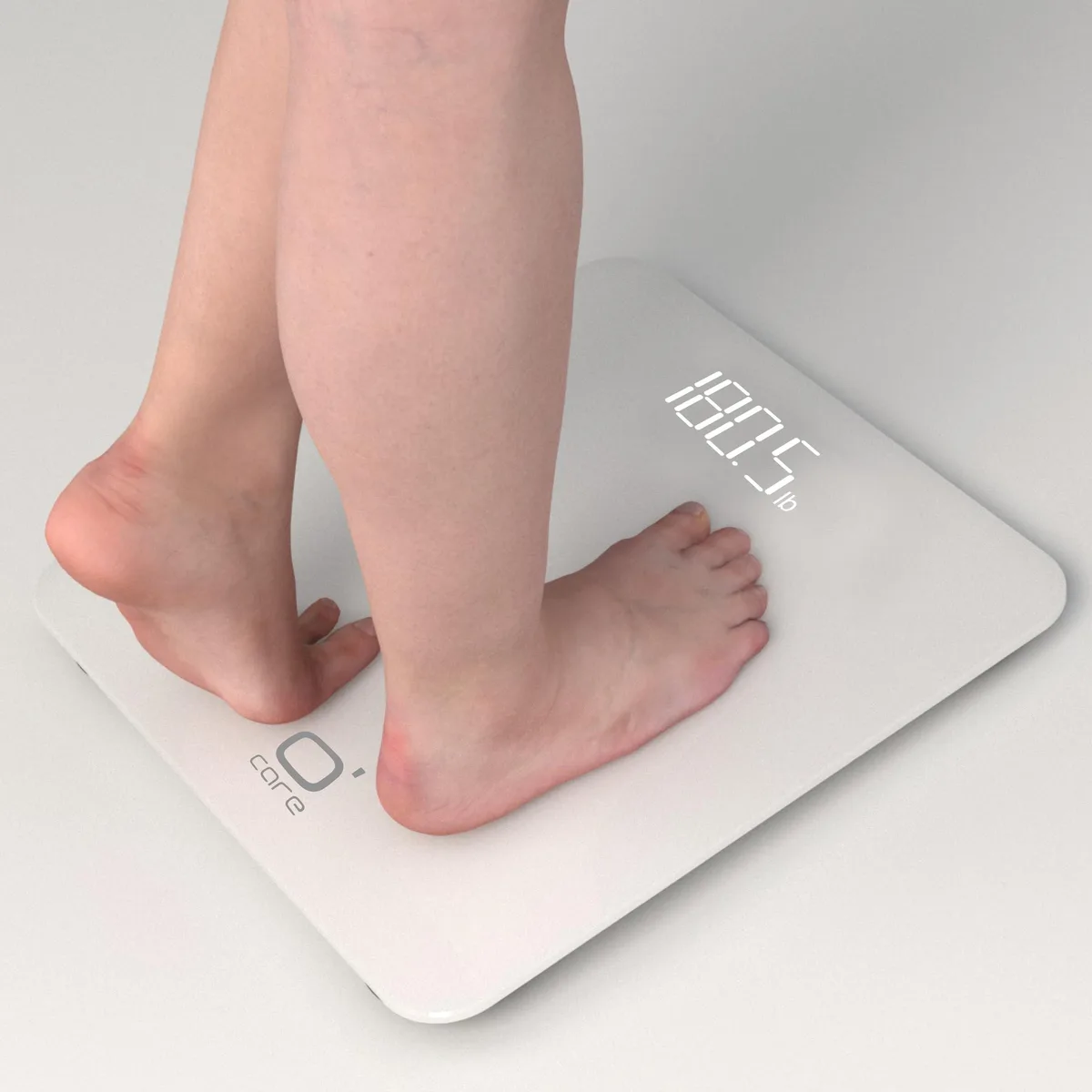 White square digital bathroom scale with LED display and tempered glass platform