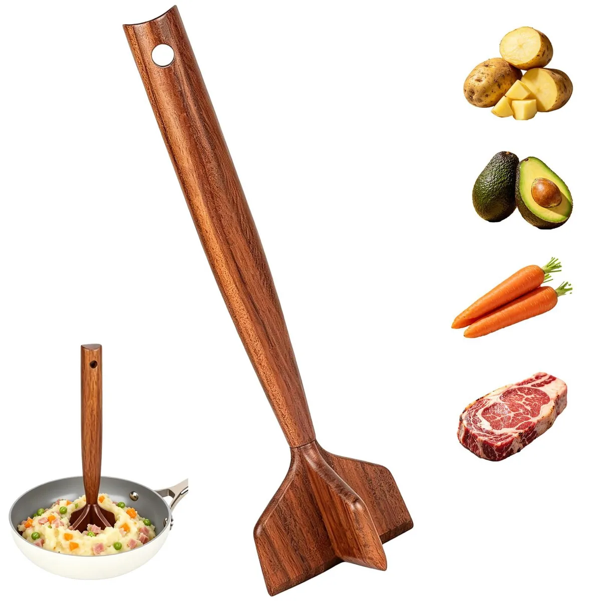 Large brown teak wooden meat chopper with angled blades and ergonomic handle