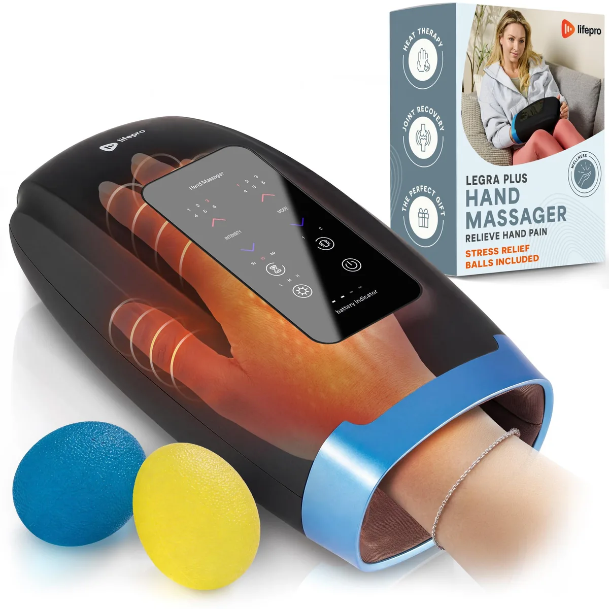 Black cordless hand massager with LED display and cloth-lined chamber, 13.2 by 4.92 by 6.36 inches, 2.4 lb