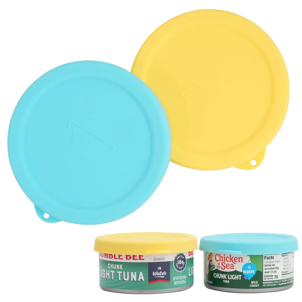 Two blue silicone can lids, four-inch diameter, flat flexible finish