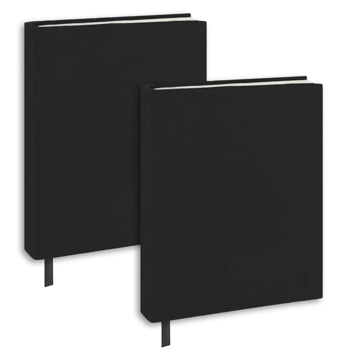 Two black stretchable fabric book covers with ribbon bookmarks, 6 by 9 inches