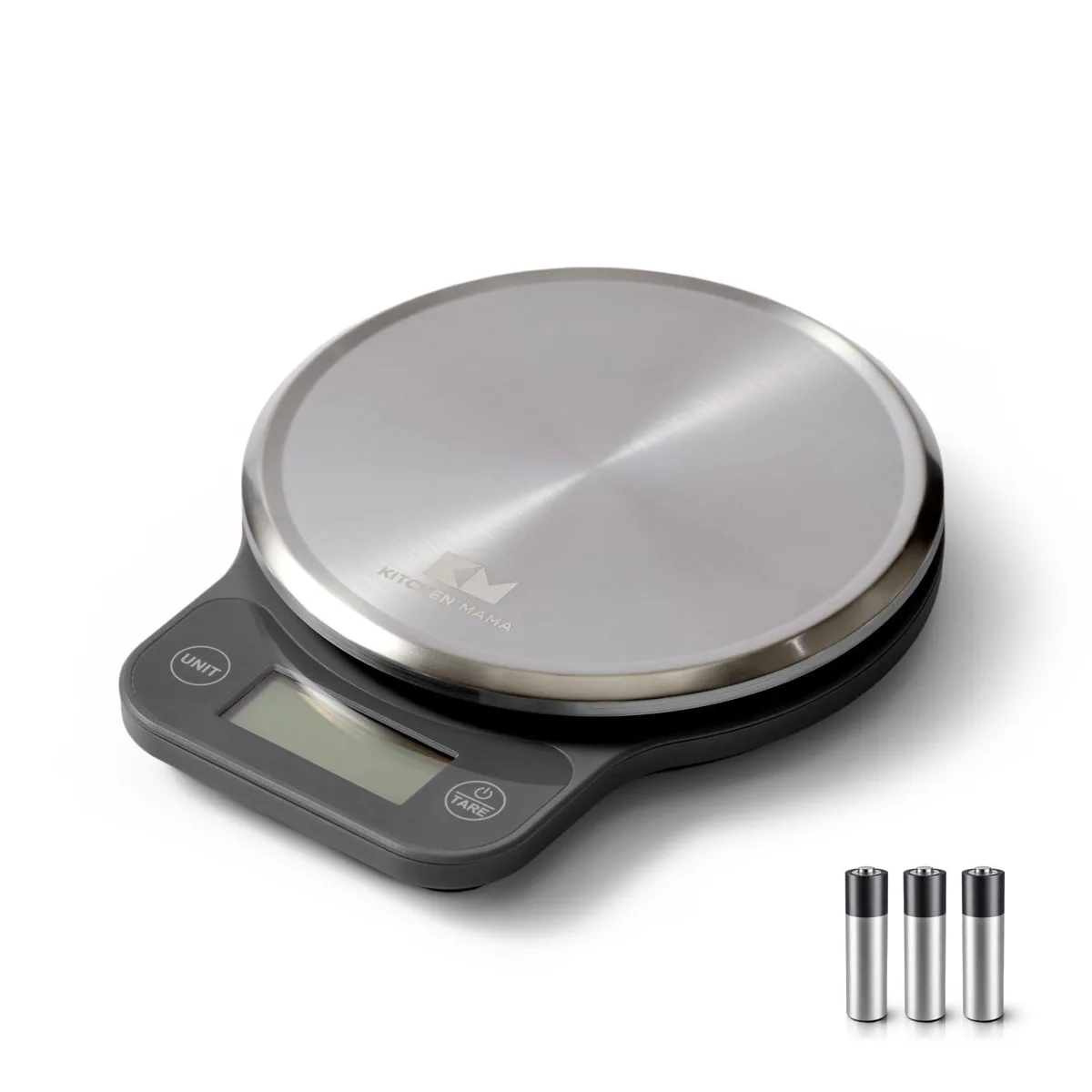 Kitchen Mama Q-Series digital food scale in metal gray with stainless steel platform and LCD display