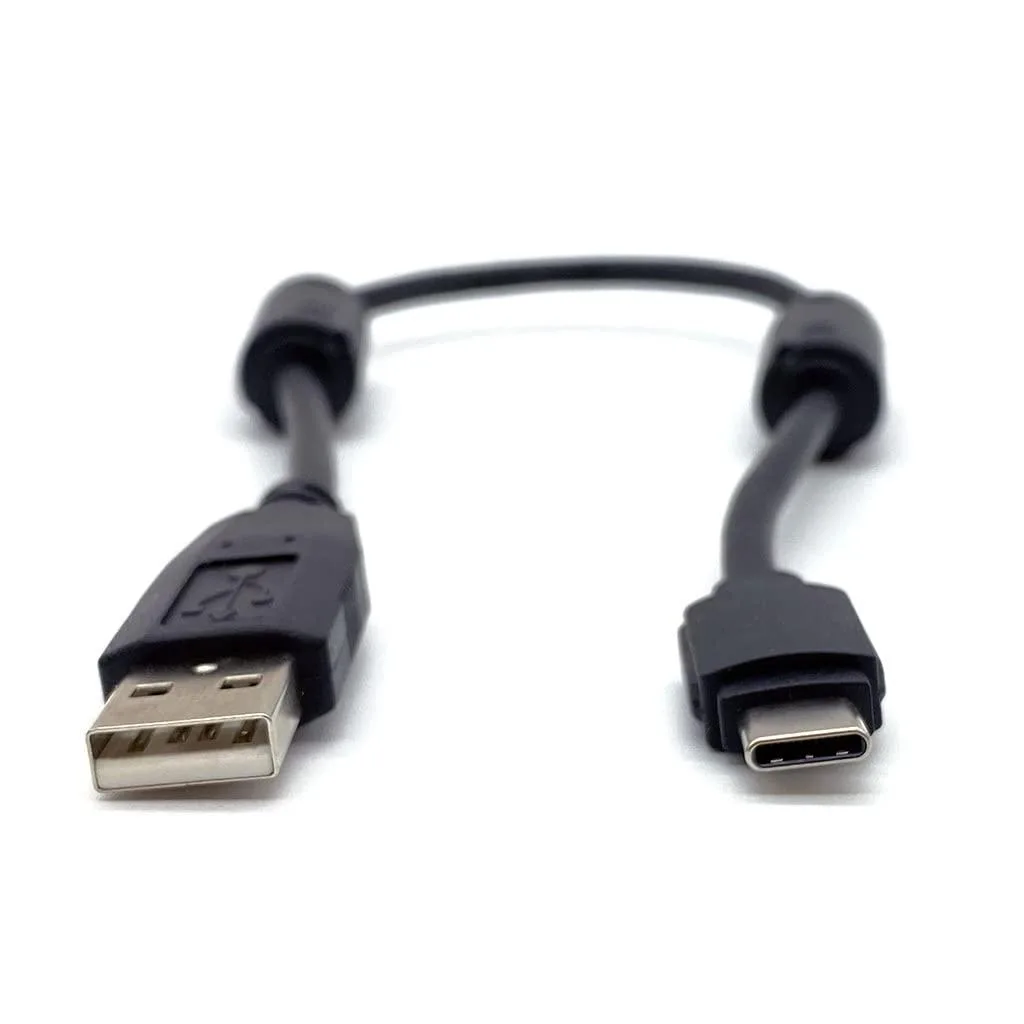 Short black USB-A to USB-C cable with ferrite beads