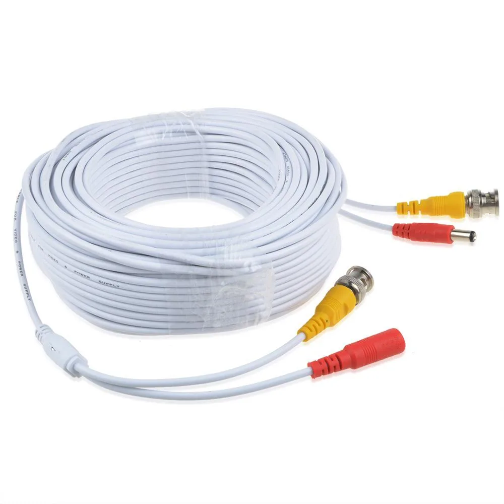White 65ft BNC extension cable with pre-made video and power connectors