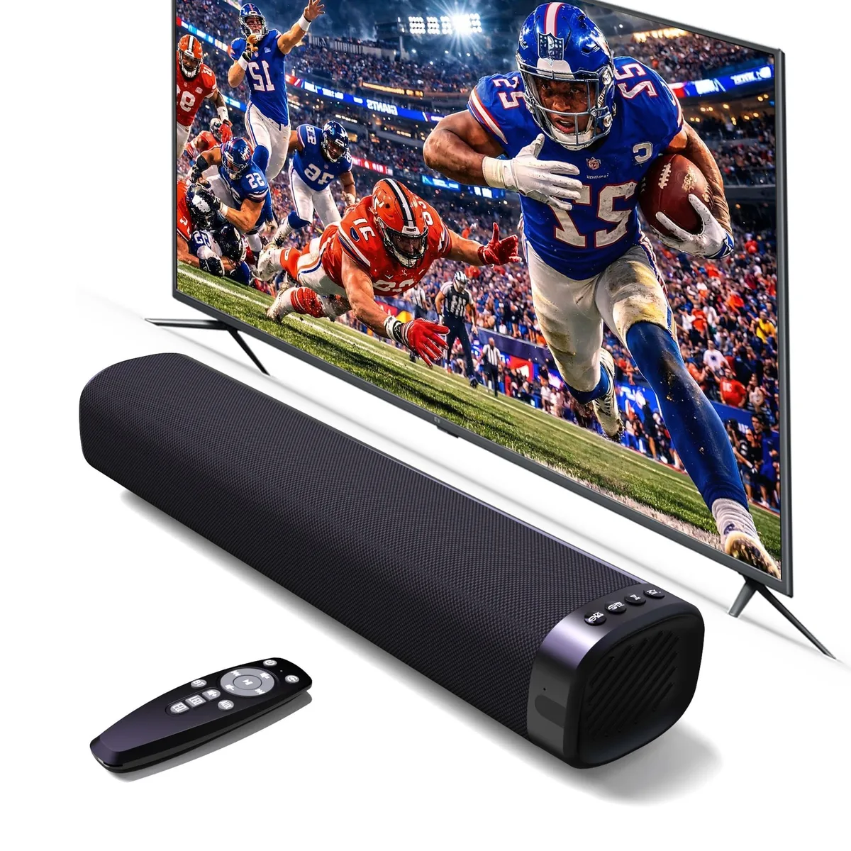 Black rectangular sound bar, 15.75 inches wide, 2.0 channels, Bluetooth 5.3