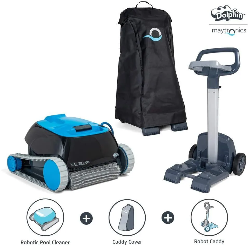 White robotic pool cleaner on wheeled caddy with fitted cover