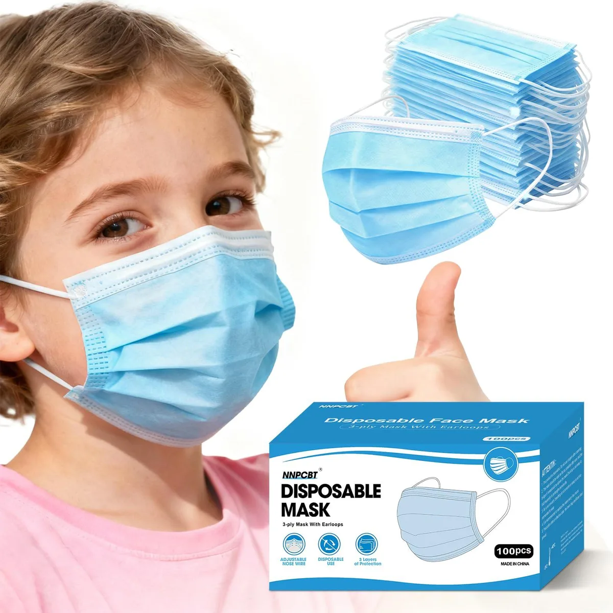 NNPCBT Kids Blue Disposable Face Masks 3 Ply 100 Count — product photo