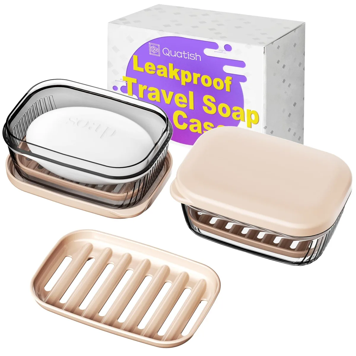 Khaki rectangular plastic soap case with drainage tray and secure lid