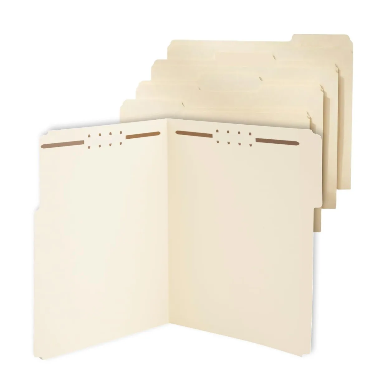 Pack of fifty manila reinforced-tab fastener folders with top tabs and two prongs each