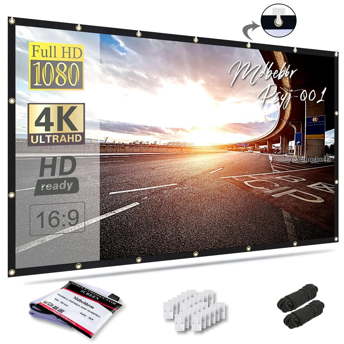 White rectangular polyester screen with black borders, folded flat, 120 inch diagonal 16:9 format