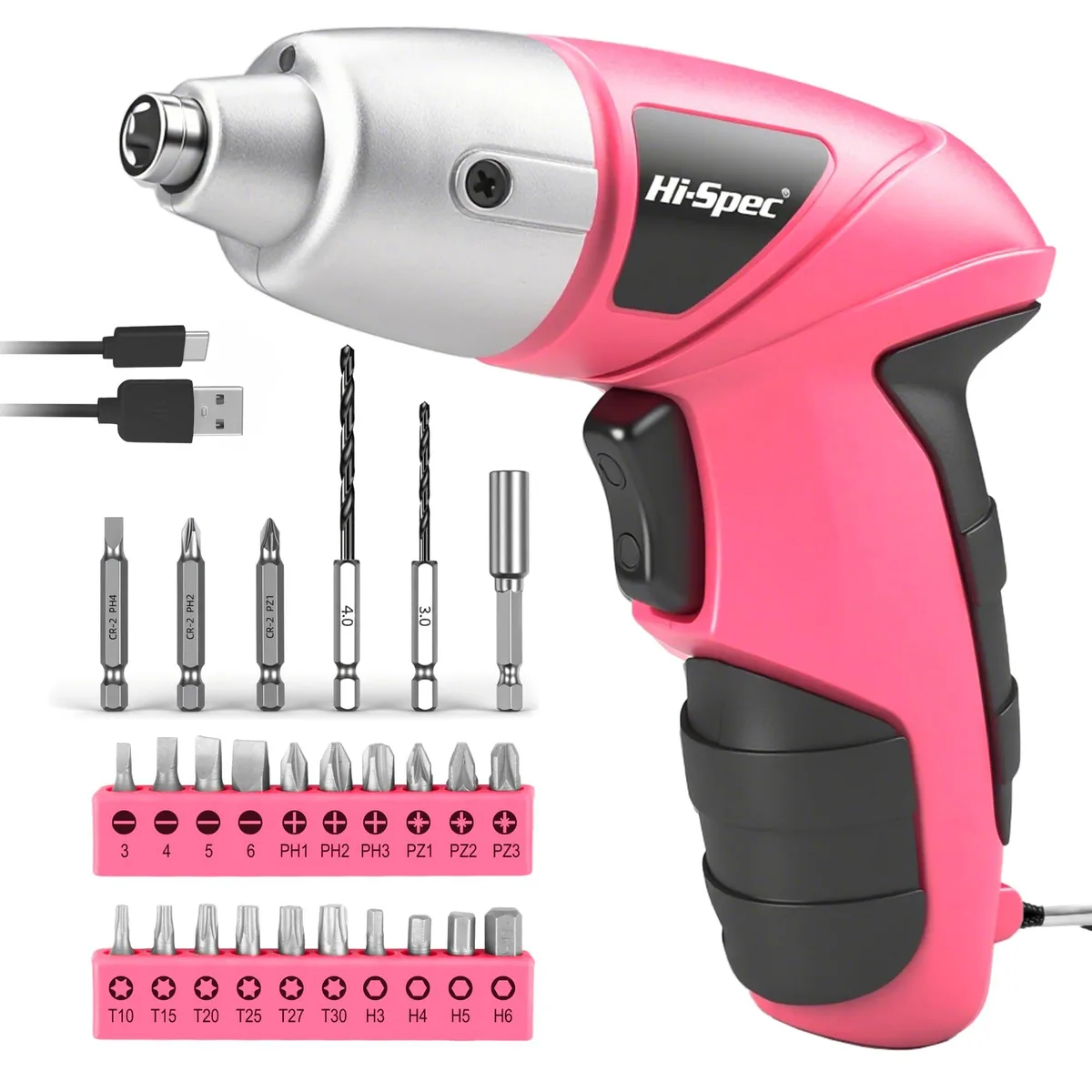 Pink cordless screwdriver with 26 bits in compact case